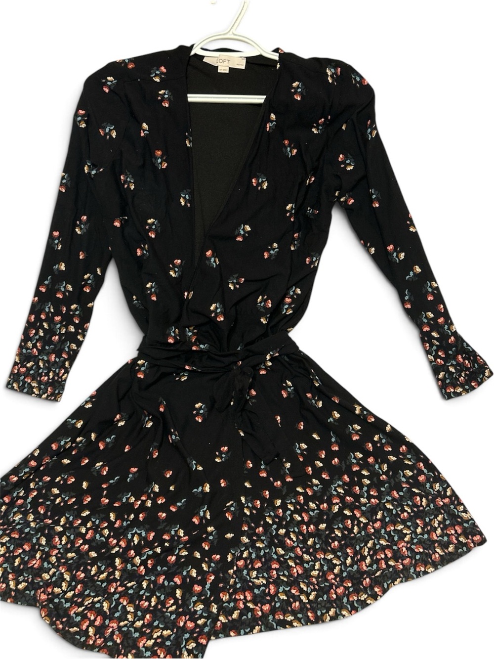 LOFT Black Floral Wrap Dress with Multicolor Accents
